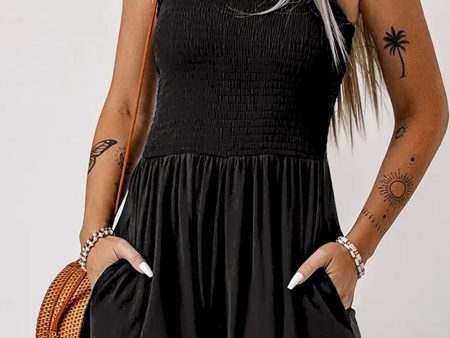 Black Casual Pocketed Smocked Sleeveless Romper For Sale