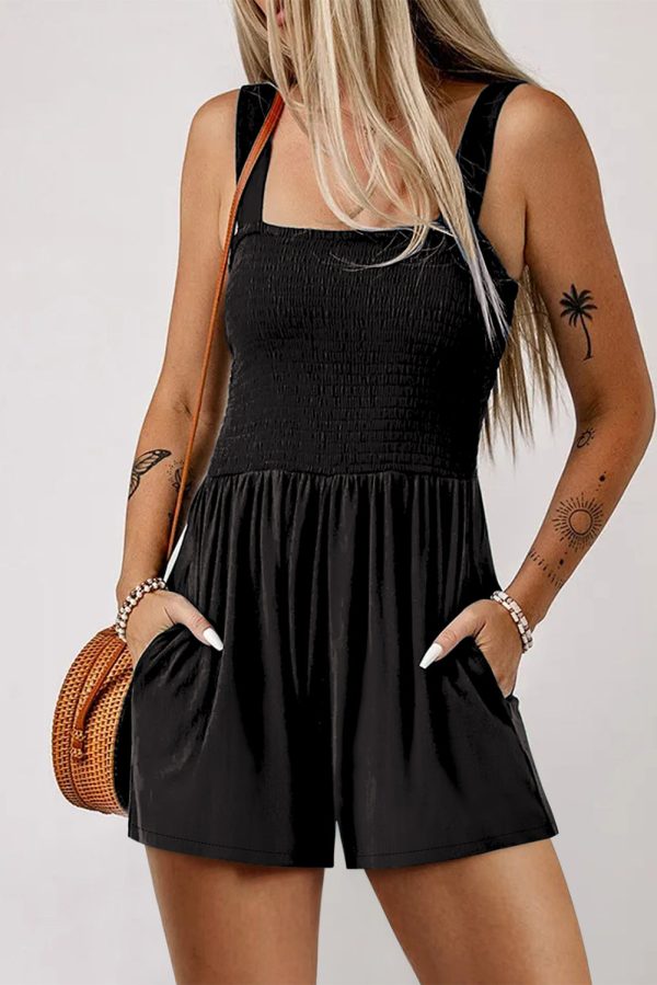 Black Casual Pocketed Smocked Sleeveless Romper For Sale