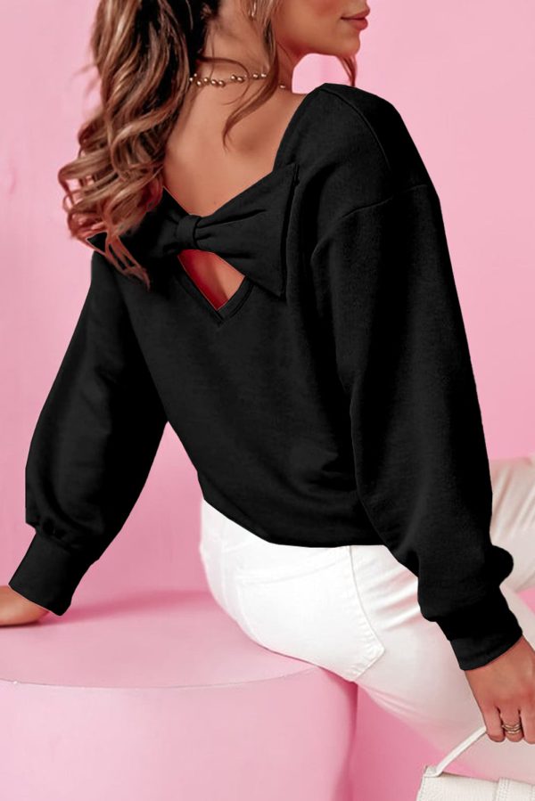 Black Bowknot Dewback Round Neck Sweatshirt For Cheap