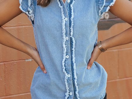 Beau Blue Button Front Ruffled Flutter Frayed Denim Top For Cheap