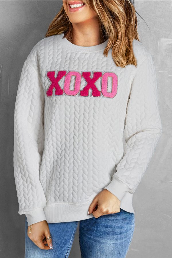 White XOXO Glitter Chenille Cable Knit Pullover Sweatshirt Supply