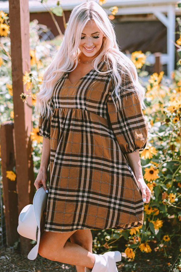 Brown Plaid Pattern Empire Waist Babydoll Dress Online Hot Sale