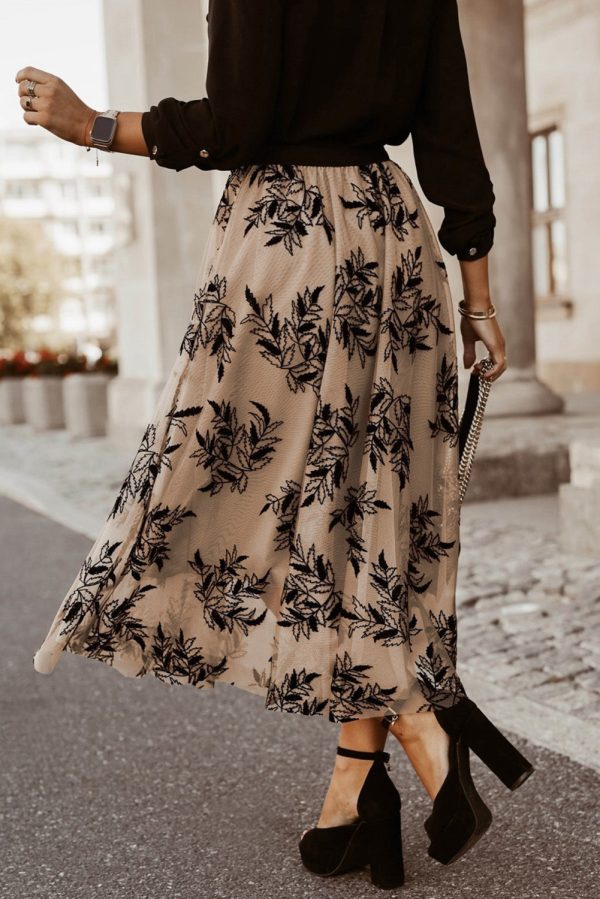 Apricot Floral Leaves Embroidered High Waist Maxi Skirt Fashion