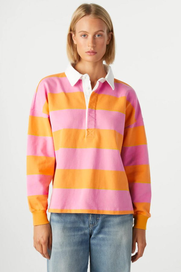 Yellow Stripe Color Block Polo Collar Sweatshirt Supply