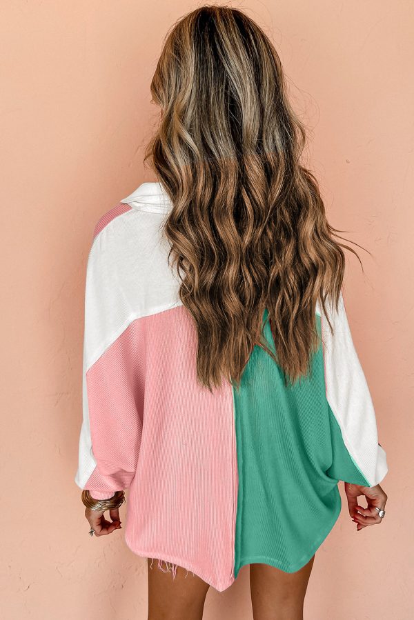 Pink Colorblock Ribbed Collared Oversized Sweatshirt For Sale