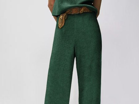 Green Knitted V Neck Sweater and Casual Pants Set Supply