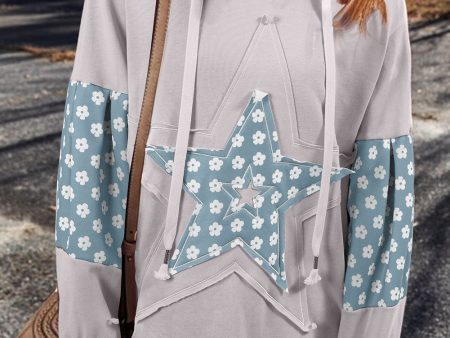 Beau Blue Floral Patchwork Star Pattern Drawstring Hoodie Sale