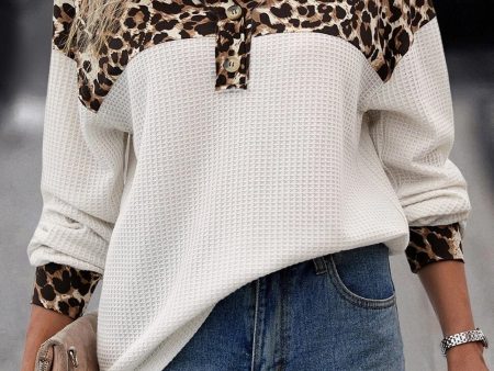 White Leopard Waffle Knit Patchwork Button V Neck Top Online