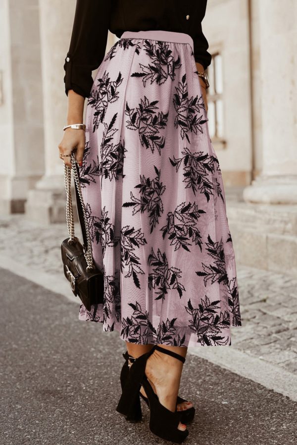 Peach Blossom Floral Leaves Embroidered High Waist Maxi Skirt For Discount