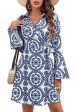 Blue Floral Print V Neck Wrapped Knot Long Sleeve Dress Online Hot Sale