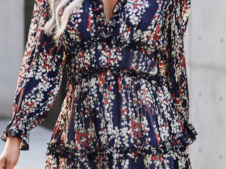 Blue Ruffle Detailing Open Back Floral Dress on Sale