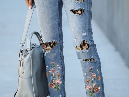 Sky Blue Printed Patch Ripped Skinny Jeans Online Hot Sale