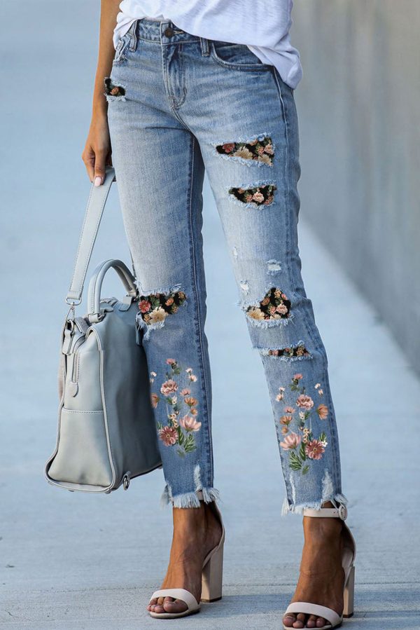 Sky Blue Printed Patch Ripped Skinny Jeans Online Hot Sale