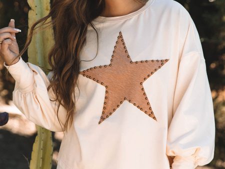 Apricot Studded Star Graphic Oversized Long Sleeve Top Hot on Sale