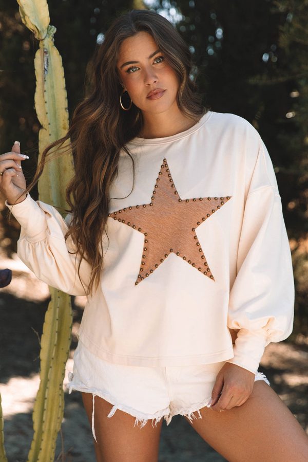 Apricot Studded Star Graphic Oversized Long Sleeve Top Hot on Sale