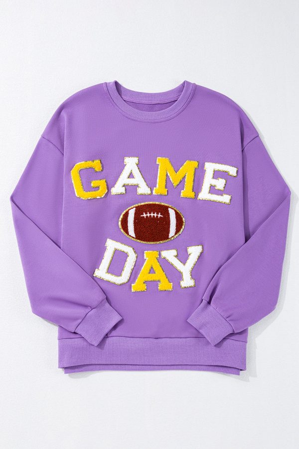 Tillandsia Purple GAME DAY Rugby Chenille Embroidered Pullover Sweatshirt Discount