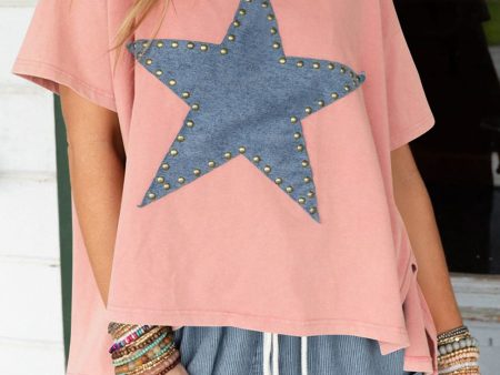 Apricot Pink Mineral Wash Studded Star Patch Graphic High Low Tee For Discount