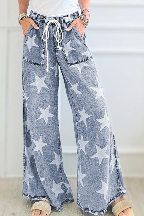 Light Blue Star Print Light Wash Drawstring High Waist Wide Leg Jeans Hot on Sale