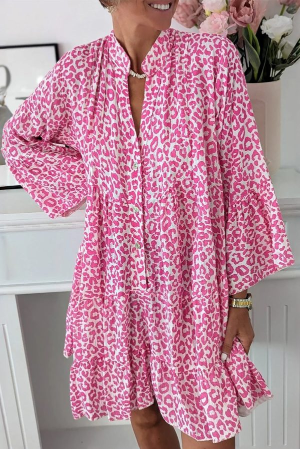 Bright Pink Leopard Printed Long Sleeve Buttoned Front Mini Dress For Sale