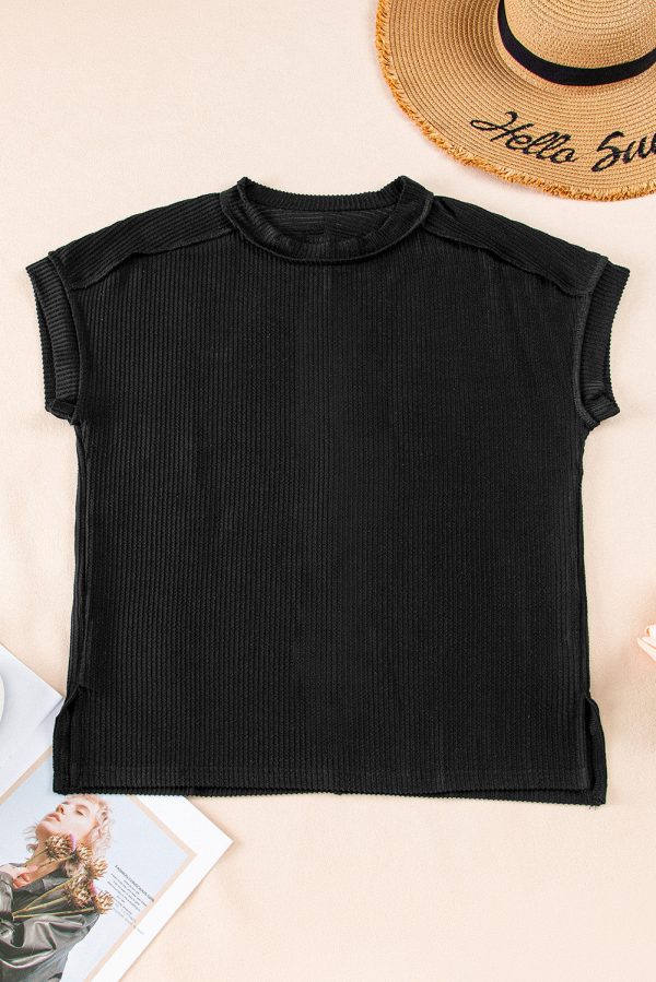 Black Textured Knit Exposed Stitching T-shirt Hot on Sale