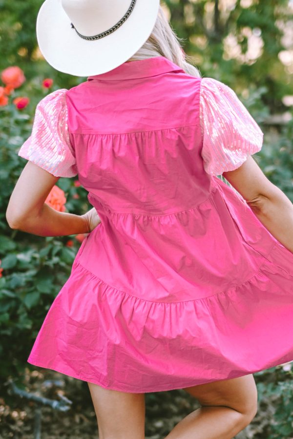 Bonbon Sequined Bubble Sleeve Tiered Ruffled Shirt Dress Sale