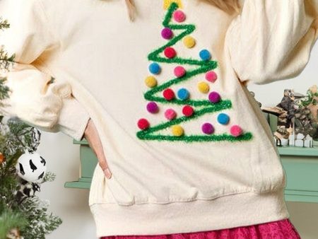 Beige Pom-Pom Christmas Tree Pattern O Neck Sweatshirt Online Hot Sale