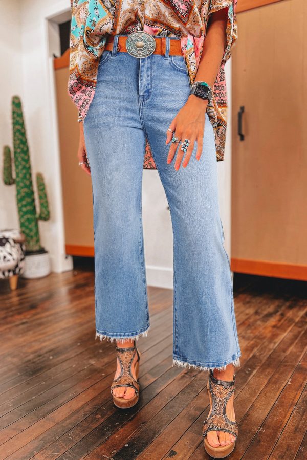 Beau Blue Mineral Wash Raw Hem High Waist Flared Jeans Online