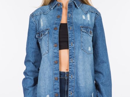 American Bazi Distressed Frayed Hem Denim Jacket Hot on Sale