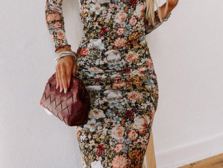 Brown Floral Allover Print Mock Neck Bodycon Long Sleeve Midi Dress Fashion