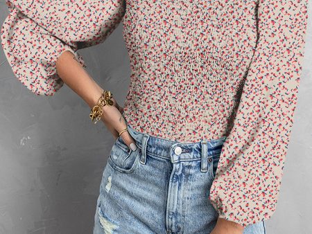 Apricot Square Neck Puff Sleeve Floral Smocked Top on Sale