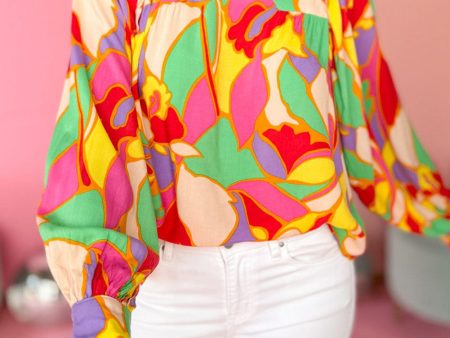 Yellow Abstract Print Puff Sleeve Blouse Sale