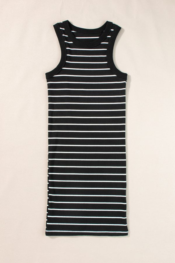 Black Stripe Ribbed Knit Tank Mini Dress Fashion