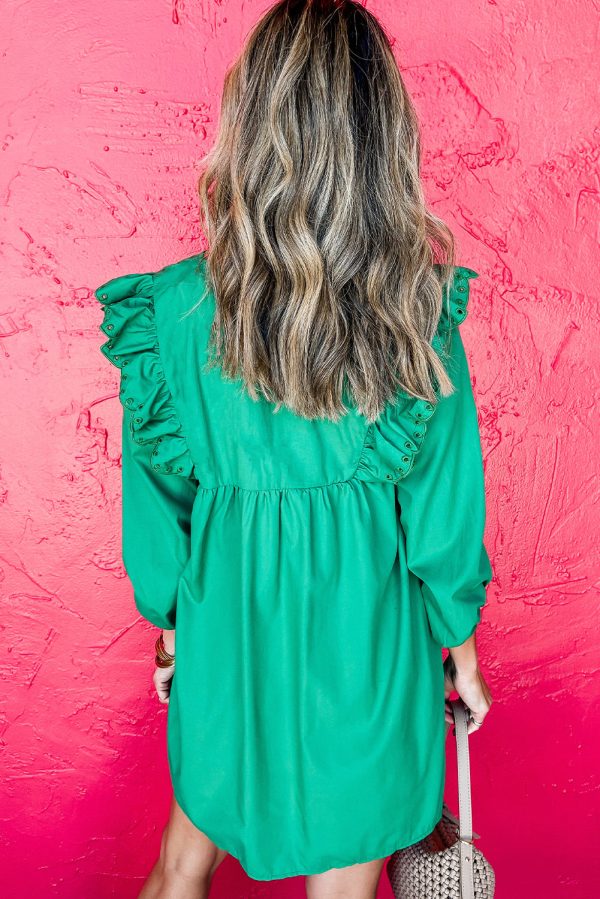 Bright Green Embroidered Ruffled Trim 3 4 Sleeve V Neck Mini Dress Online now