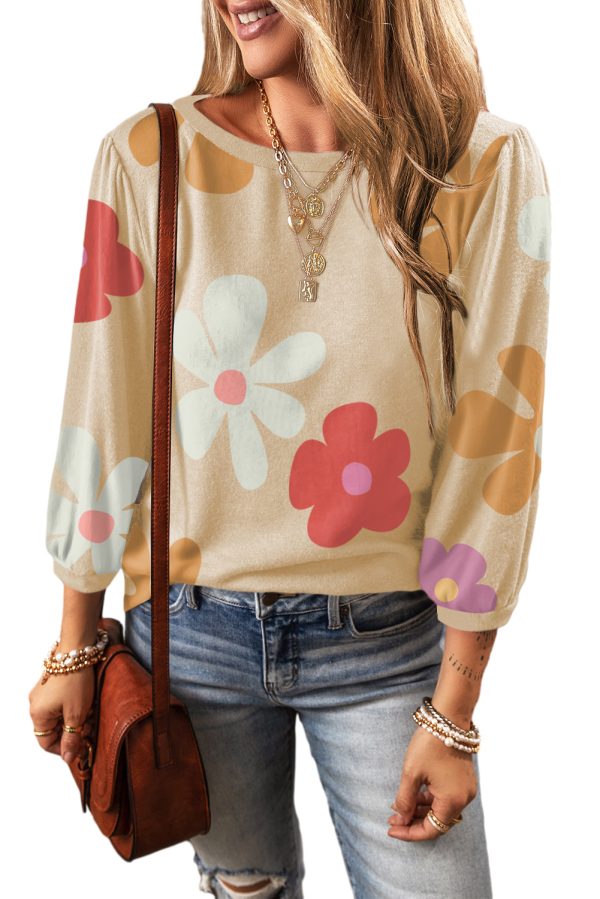 Apricot Cute Flower Print Bracelet Sleeve Top Online