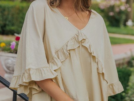 Apricot V Neck Draped Batwing Sleeve Ruffle Blouse Hot on Sale