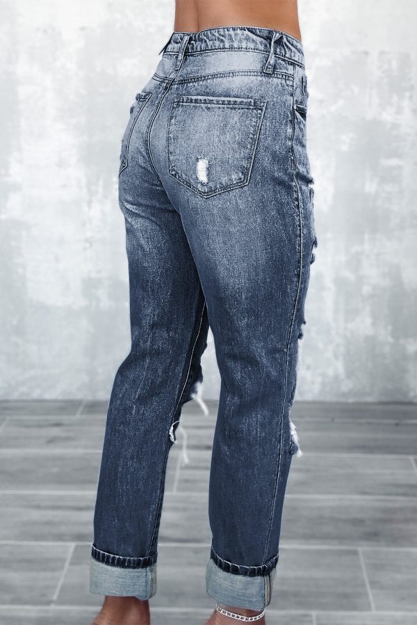 Navy Blue Light Wash Frayed Slim Fit High Waist Jeans Online now