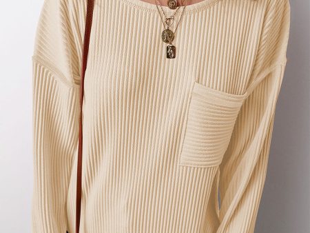 Apricot Solid Color Corded Drop Shoulder Long Sleeve Top Hot on Sale