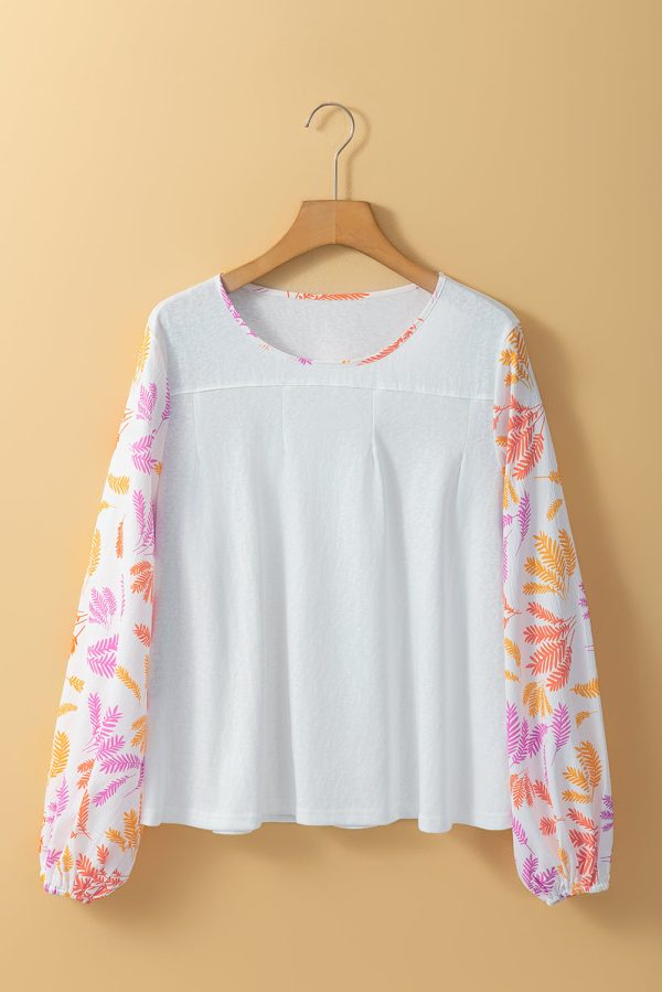 White Tropical Leaf Printed Patchwork Sleeve Round Neck Top on Sale