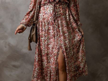 Brown Floral Print Split Front Tiered Frilled V Neck Midi Dress Online Hot Sale