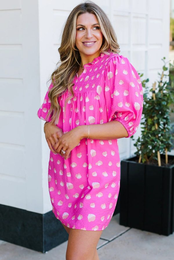 Bright Pink Printed Shirred Yoke Half Puff Sleeve Dress Online Sale