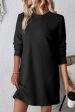 Black Solid Color Textured Long Sleeve Shift Dress Fashion