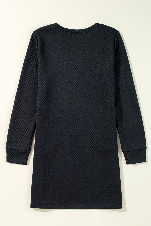 Black Solid Color Textured Long Sleeve Shift Dress Fashion