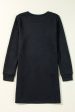 Black Solid Color Textured Long Sleeve Shift Dress Fashion