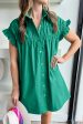 Bright Green Shirred Ruffle Sleeve Button Up Short Dress For Sale