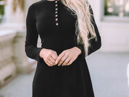 Black Solid Long Sleeve Henley Dress Online Hot Sale