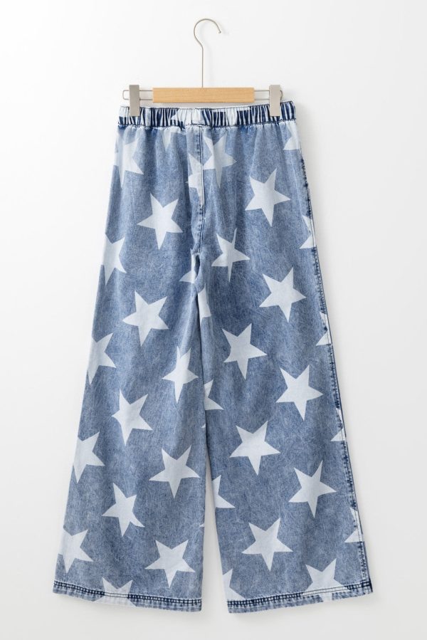 Light Blue Star Print Light Wash Drawstring High Waist Wide Leg Jeans Hot on Sale