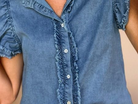 Ashleigh Blue Button Front Ruffled Flutter Frayed Denim Top Fashion