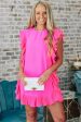 Bright Pink Solid Ruffled Edge Keyhole Back Mini Dress For Cheap