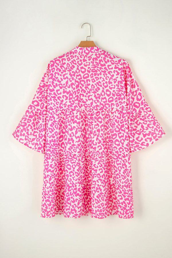 Bright Pink Leopard Printed Long Sleeve Buttoned Front Mini Dress For Sale