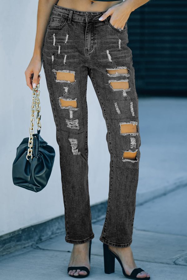 Gray Buttoned Pockets Distressed Jeans Sale